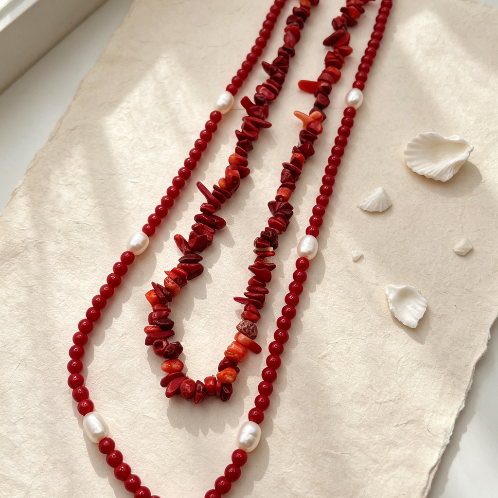 Collar Doble de Coral Rojo y Perlas Naturales, Collar Boho al Por Mayor para Mujer|JI JOYA