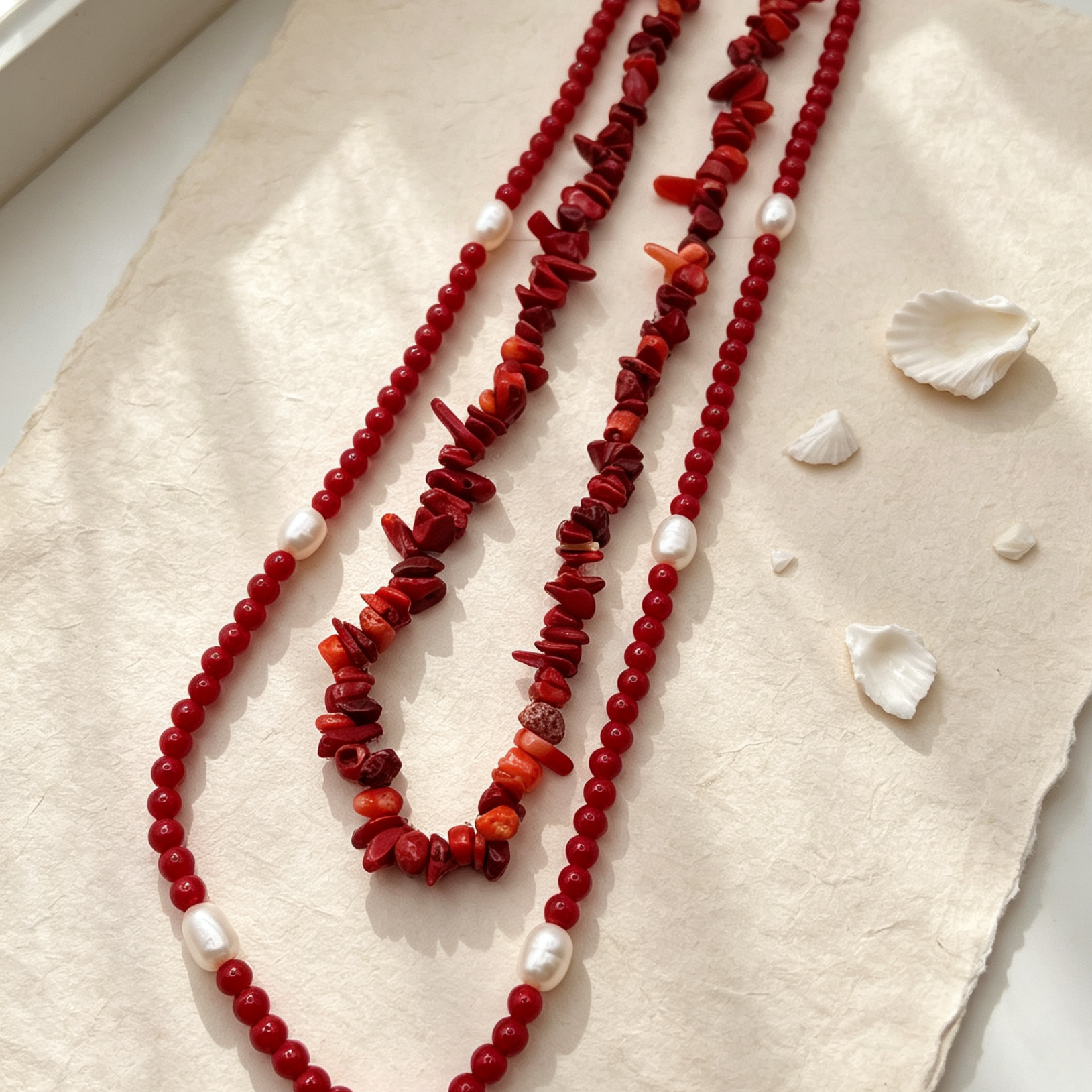 Collar Doble de Coral Rojo y Perlas Naturales, Collar Boho al Por Mayor para Mujer|JI JOYA
