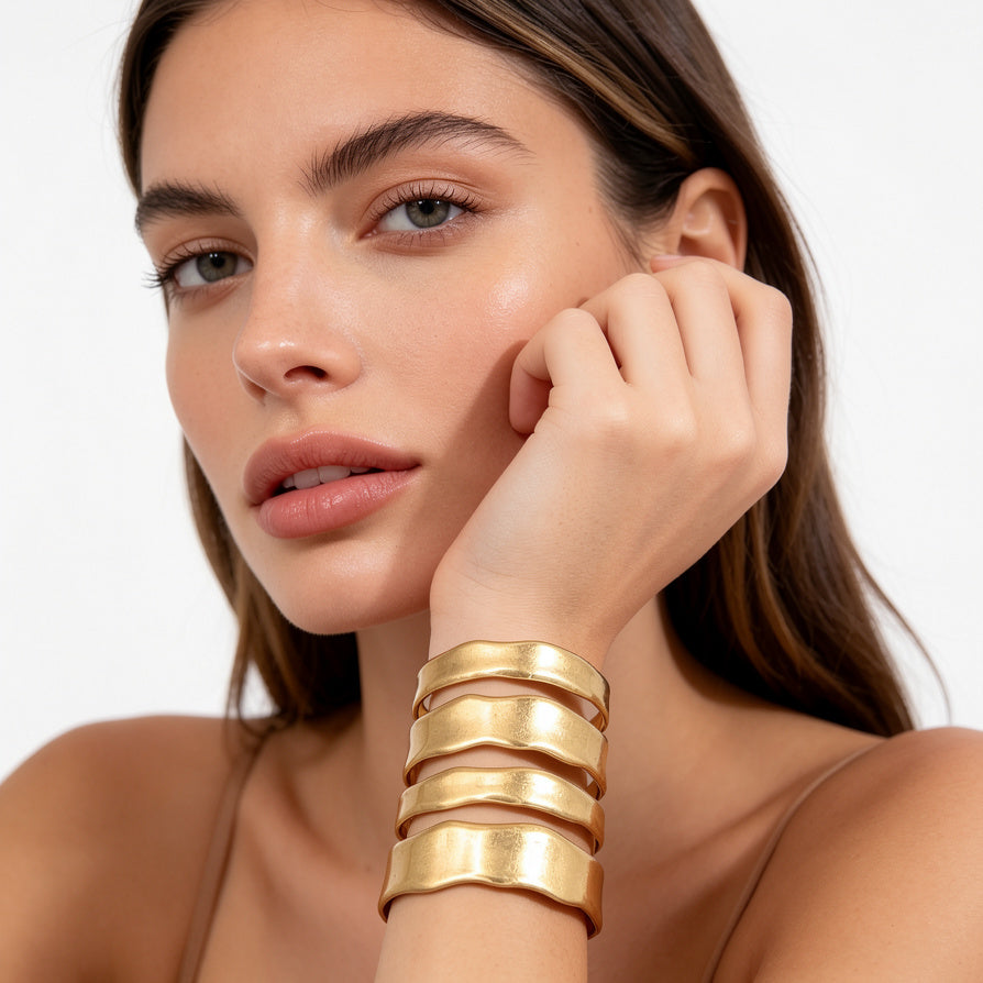 Pulsera Brazalete Ondulada en Zinc Aleación | Mayorista Mujer, Dorado Brillante y Dorado Mate|JI JOYA