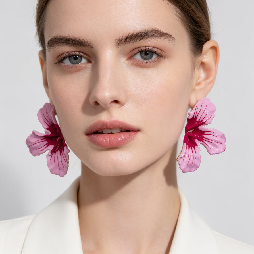 Pendientes de Flor de Hibisco Rosa, Diseño de Hoja de Enamel Brillante, Joyería de Moda al Por Mayor para Mujer, Ji Joya Diseño de Moda SL