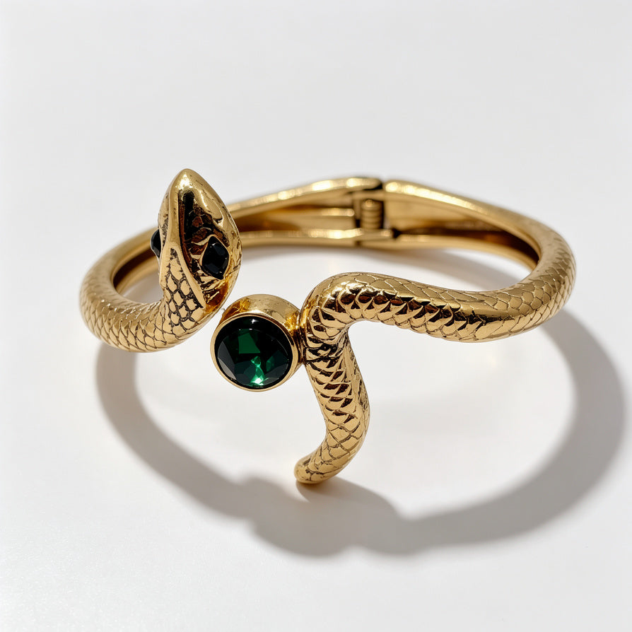 Brazalete Serpiente Vintage Dorado con Piedra Verde - Joyería de Moda para Mujer, Venta al Por Mayor|JI JOYA