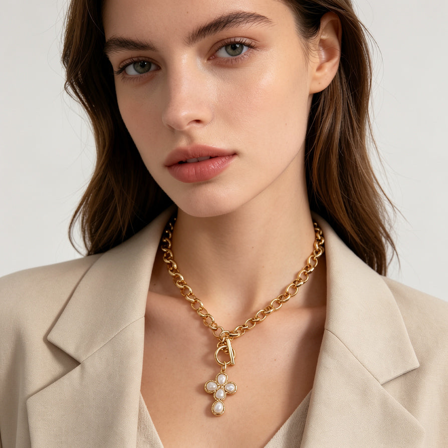 Collar Colgante Cruz de Perla (Oro/Plata)|JI JOYA