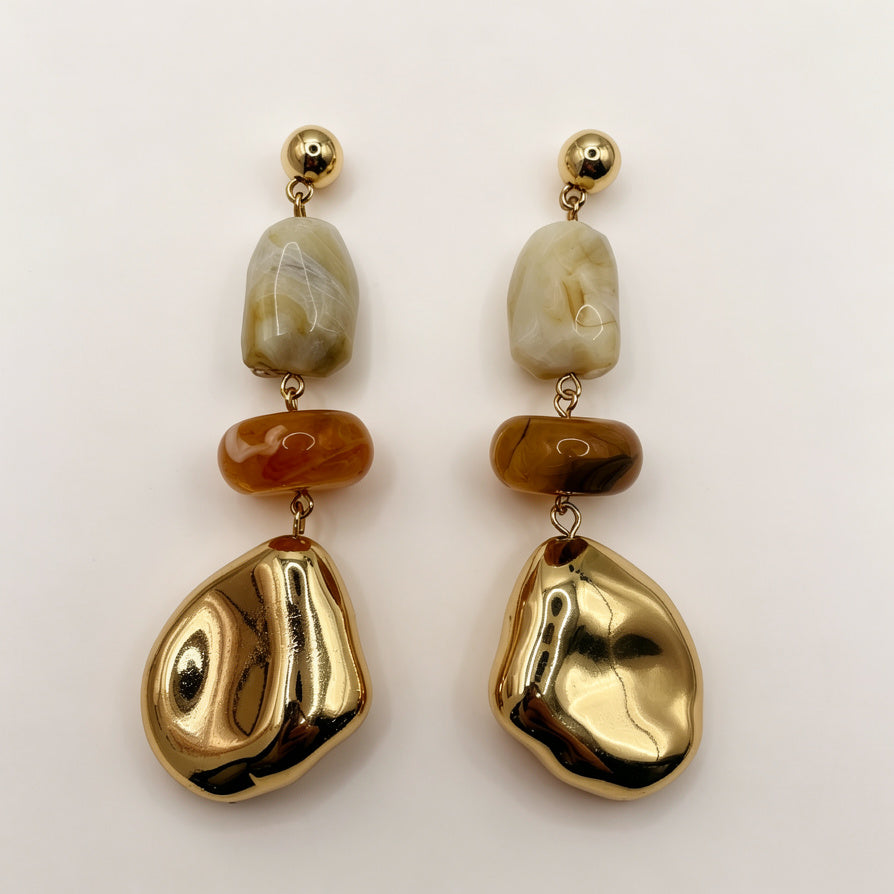 Pendientes de gota geométrica con piedras de colores y detalles dorados al por mayor, 3 colores disponibles|JI JOYA