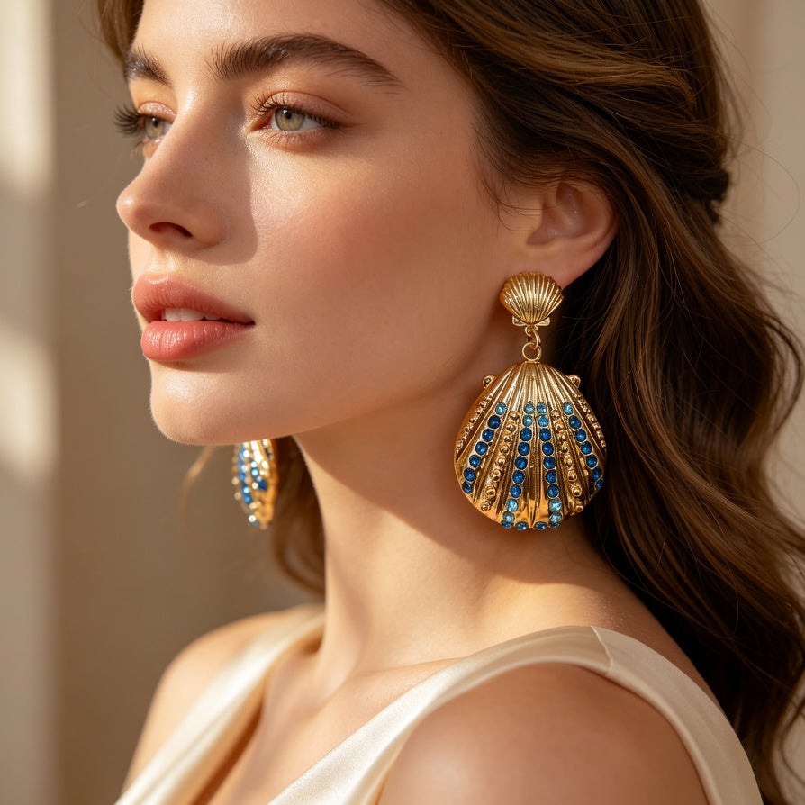 Pendientes de Concha Dorada con Cristales Azules | Joyería de Moda al Por Mayor|JI JOYA
