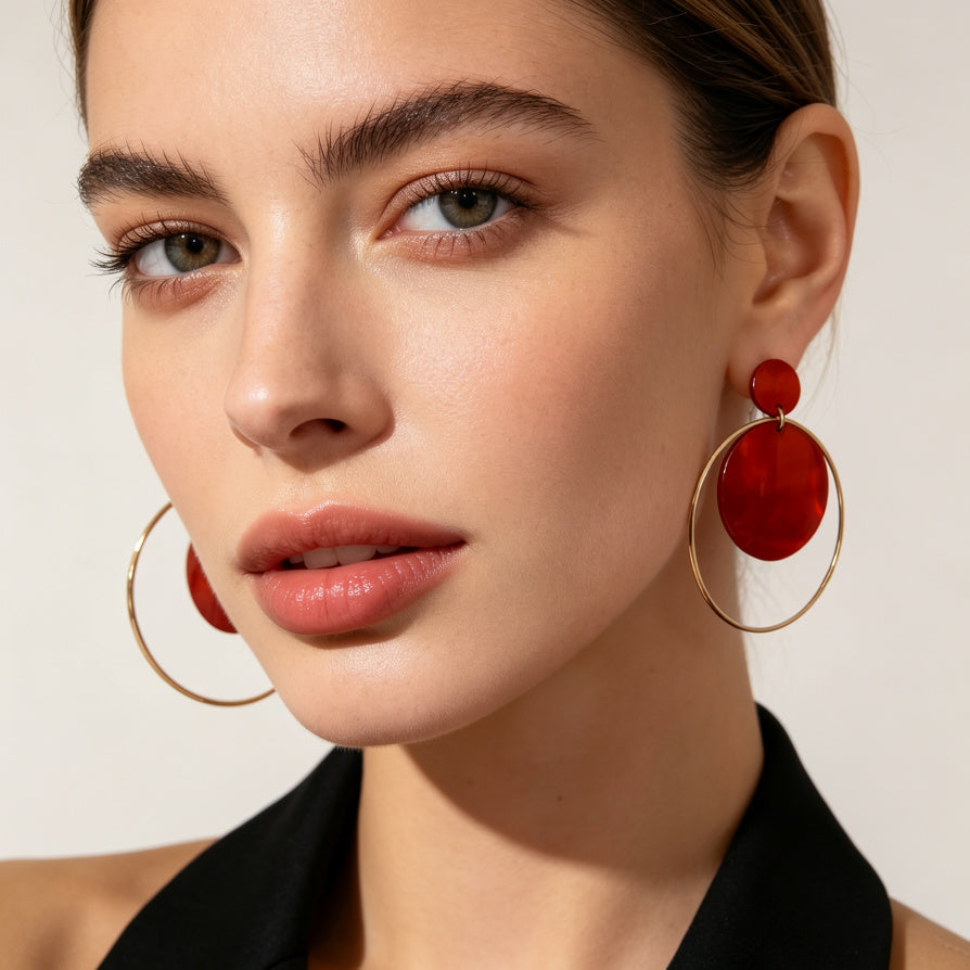 Pendientes de Círculo Dorado con Placa de Concha Nácar - 3 Colores (Azul, Rojo, Blanco) | Joyería de Moda al Por Mayor|JI JOYA