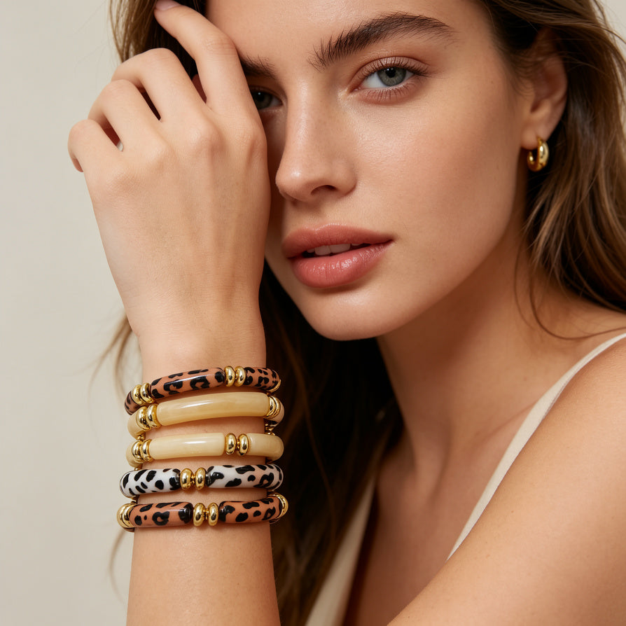 Set de 3 Pulseras de Resina con Detalles de Leopardo y Dorado | Joyería Mayorista para Mujer| JI JOYA