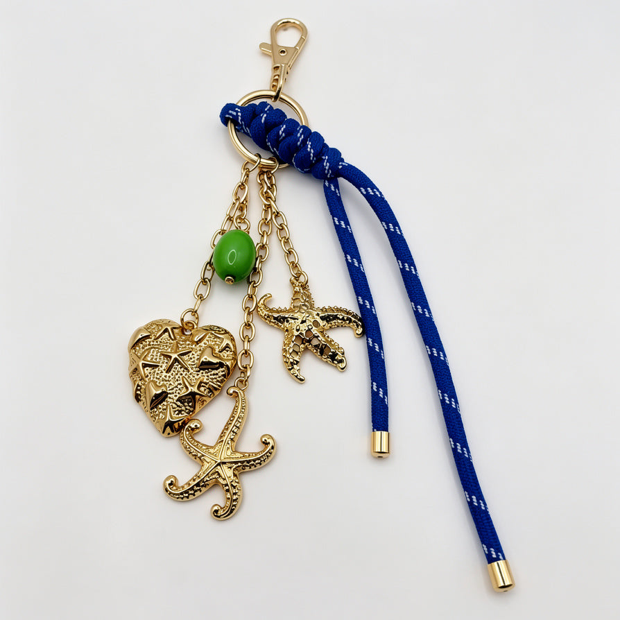 Llavero de Náutico con Corazón y Estrellas de Mar, Azul y Dorado - Venta al Por Mayor|JI JOYA