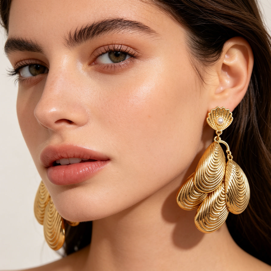 Pendientes de Diseño de Concha de Oro con Perla - Lote al por Mayor|JI JOYA