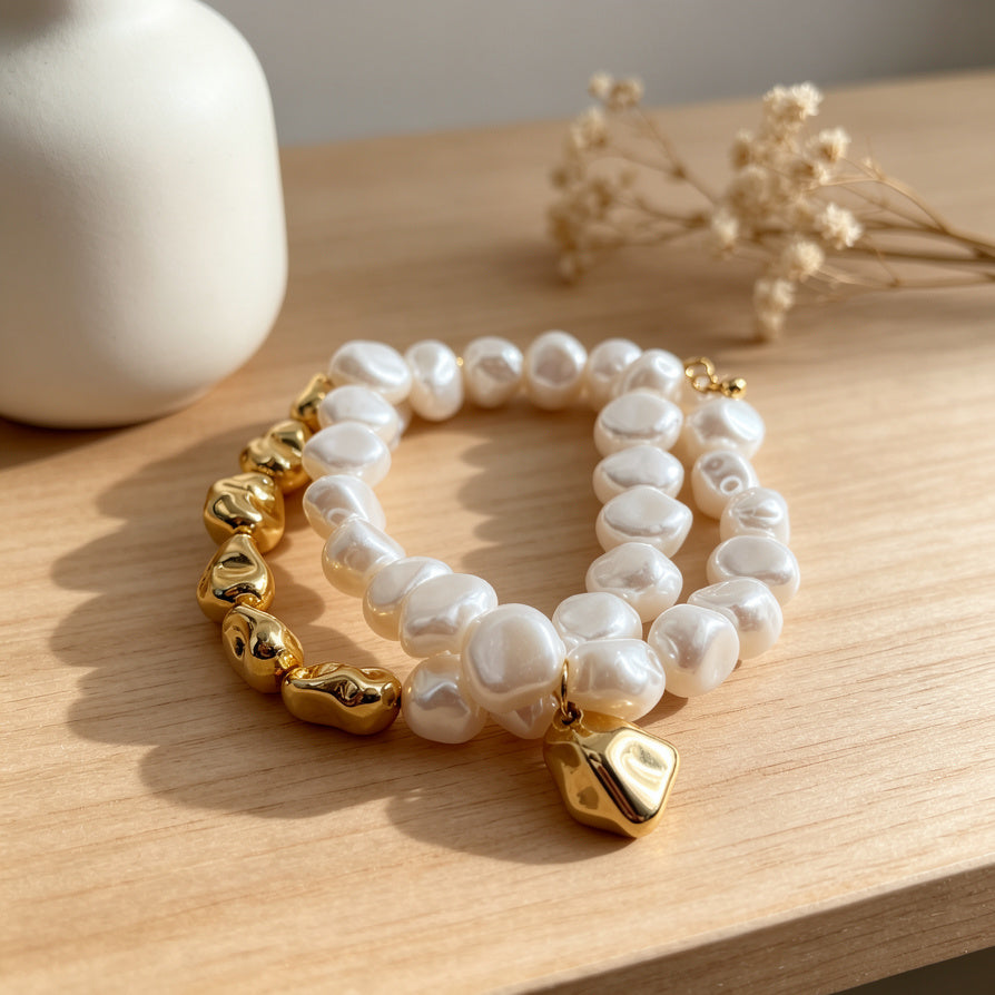 Pulsera de Perlas Barrocas Irregulares con Detalles Metálicos | Joyería de Moda Mayorista para Mujer|JI JOYA