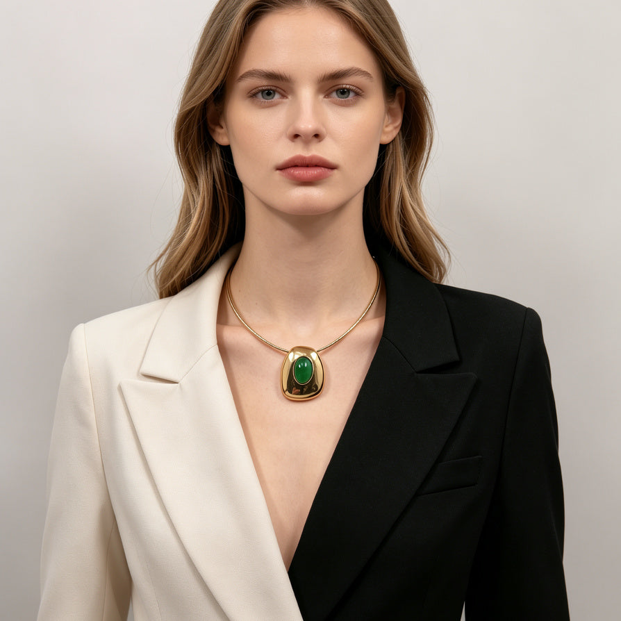 JI JOYA VENTA AL POR MAYOR|Collar de Gargantilla con Colgante Ovalado - Joyería Dorada de Moda al Por Mayor (Verde, Naranja, Blanco)