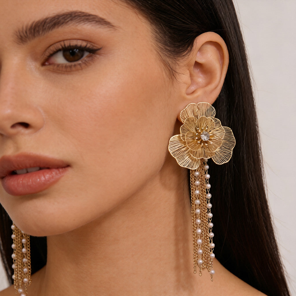 Brincos e Gargantilha Flor de Ouro com Pérolas | Conjunto de Joias Elegante para Festa