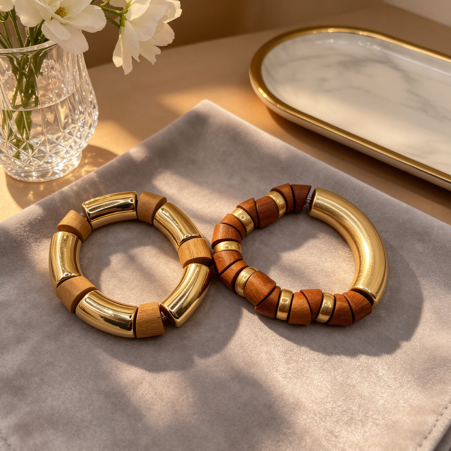 Pulsera de Madera Natural y Oro Lujo, Diseño Minimalista Moda Mujer, Bisutería Mayorista para Distribuidores
