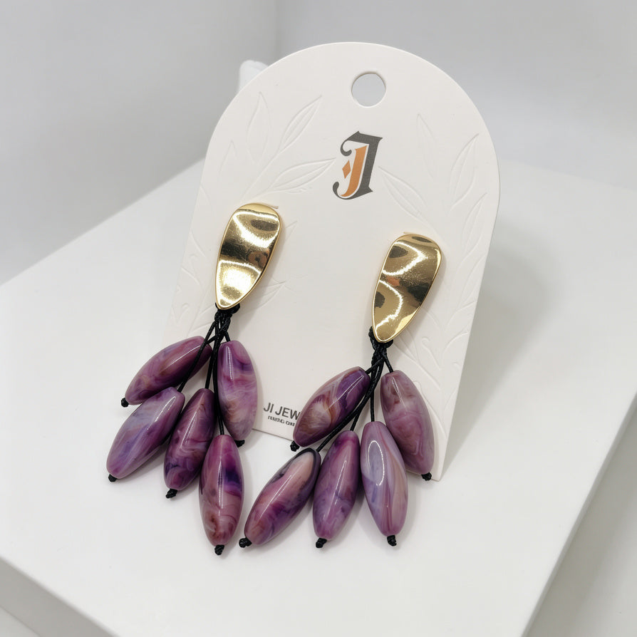 Set de Joyería al Por Mayor Collar Pulsera Pendientes, Cuentas Elípticas Marmoladas, 2 Tonos Morado y Azul Marino|JI JOYA