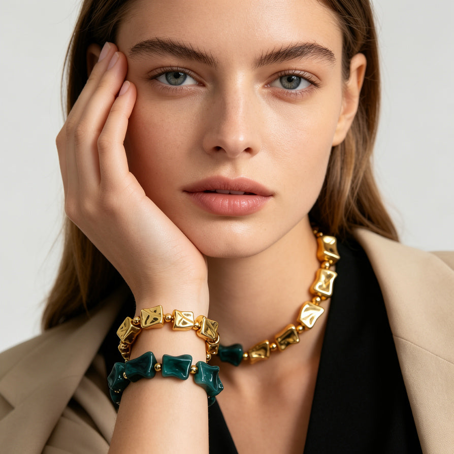 Pulsera Elástica de Cuentas Irregulares de Resina y Metal - Diseño Minimalista de Lujo para Mujer, 4 Colores, Mayoreo|JI JOYA