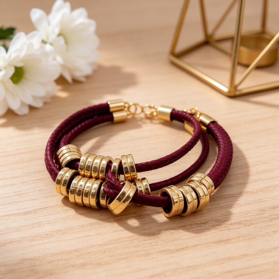 Pulsera de cuero trenzado con abalorios dorados, estilo multicapa, accesorio de moda mayorista|JI JOYA