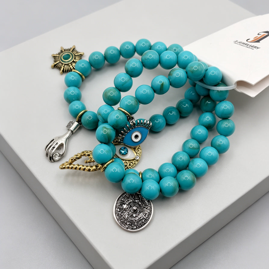 Pulsera Turquesa Ojo Turco Multi Capas, Bisutería Moda Protección Amuleto, Venta Mayorista Joyería Artesanal Mujer|JI JOYA