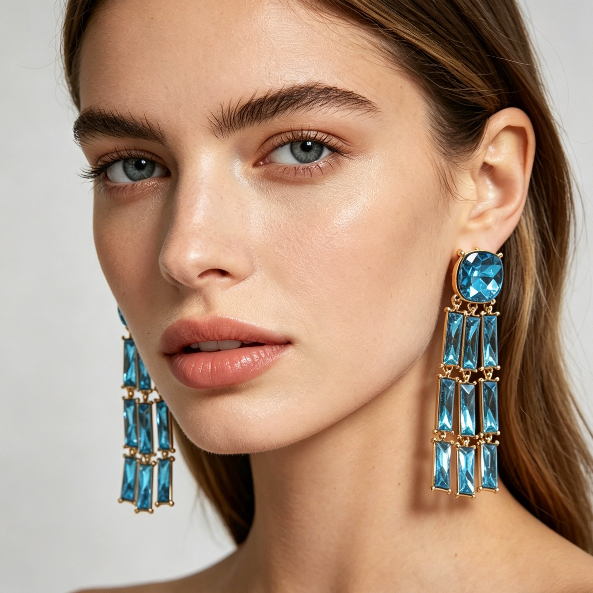 Pendientes Largos Borla Cristal Azul 2 Colores, Aretes Chapados en Oro al Por Mayor para Fiesta Noche Mujer|JI JOYA