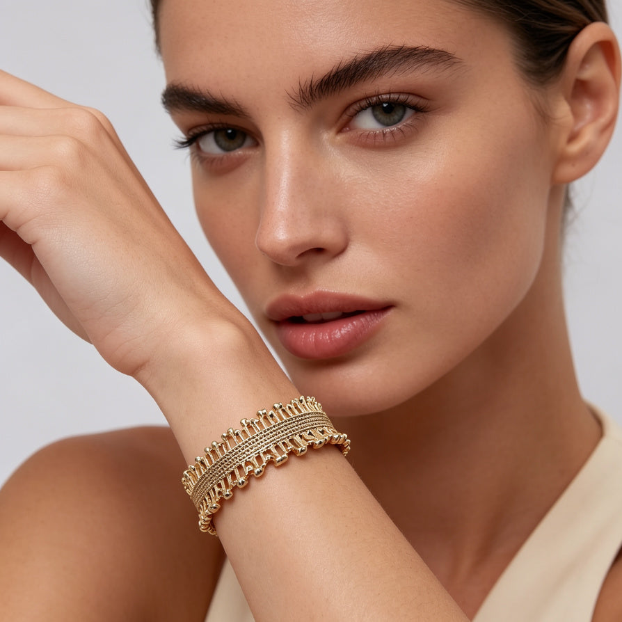 Pulsera Brazalete Abierta Texturizada Dorada y Plateada | Joyería al Por Mayor B2B, Diseño Único, Accesorio de Moda|JI JOYA