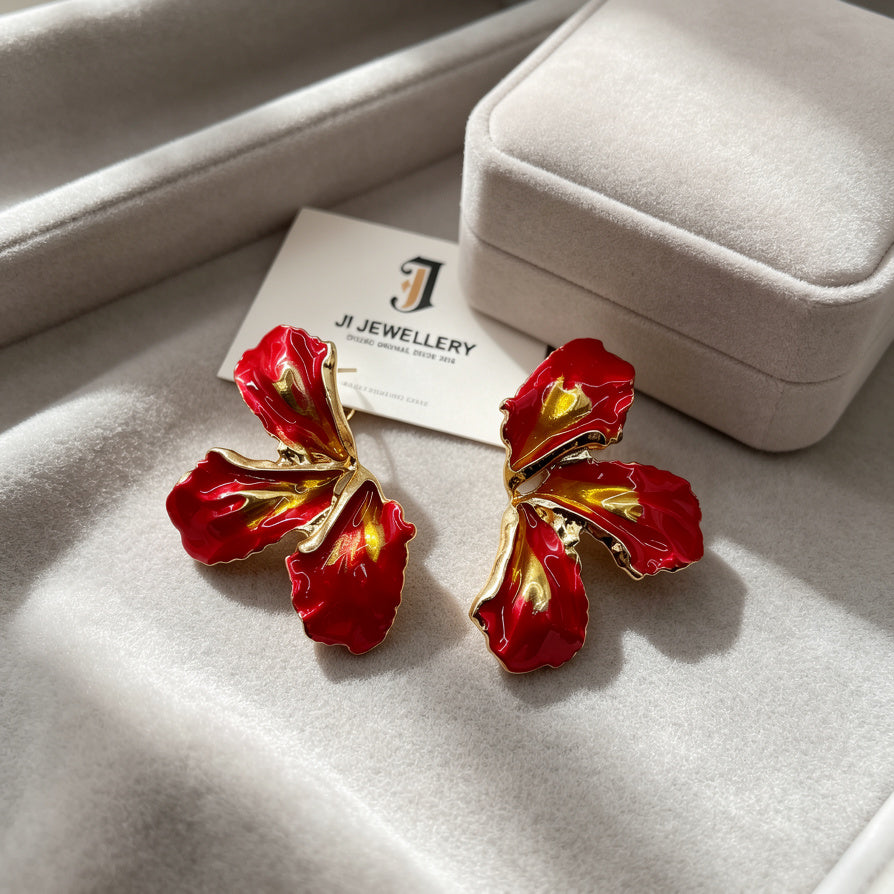 Pendientes de pétalos rojos|elaborados con esmalte: joyería elegante|ideal para fiestas y para el uso diario|venta al por mayor|JI JOYA