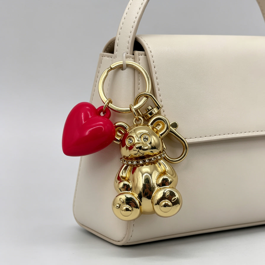 Llavero Oso Dorado con Corazón Rosa - Llavero de Moda para Bolsos y Llaves, Venta al Por Mayor|JI JOAY