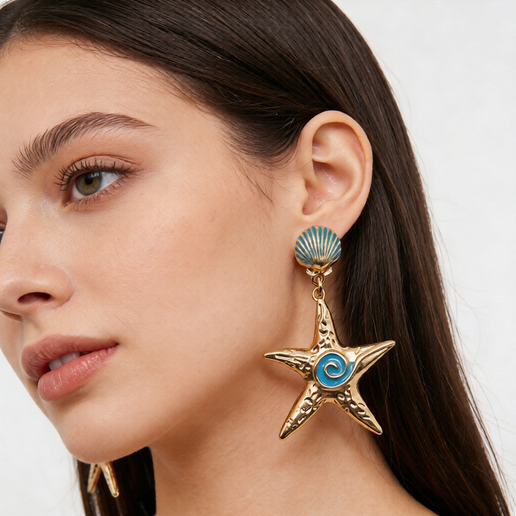 Pendientes Estrella de Mar y Concha Marina en Tono Dorado con Esmalte Azul - Estilo Costero Boho|JI JOYA
