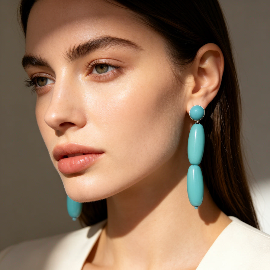 Pendientes Colgantes de Resina Ovalada - Largo Elegante, Blanco y Turquesa | Joyería al Por Mayor para Mujer| JI JOYA