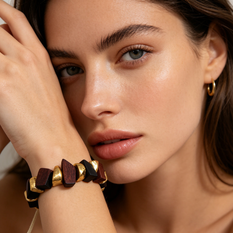 Set Collar Pulsera Geométrico Madera y Oro - Joyería Minimalista|JI JOYA