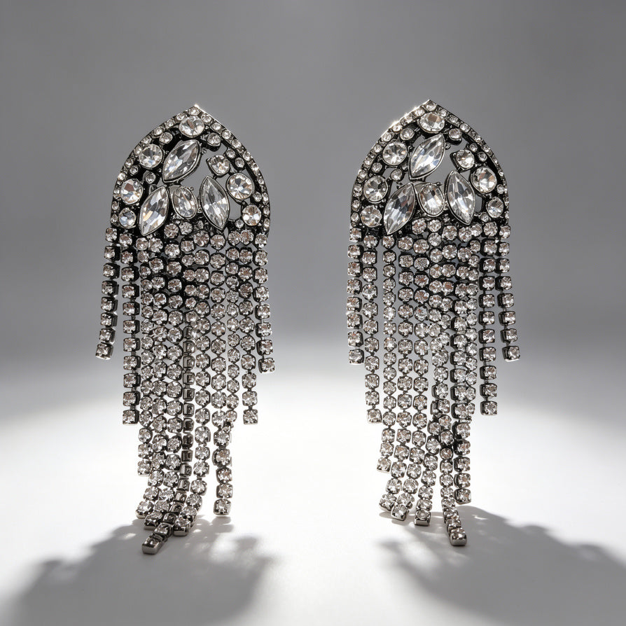 Pendientes de flecos con piedras brillantes | Joyería de moda al por mayor|JI JOYA