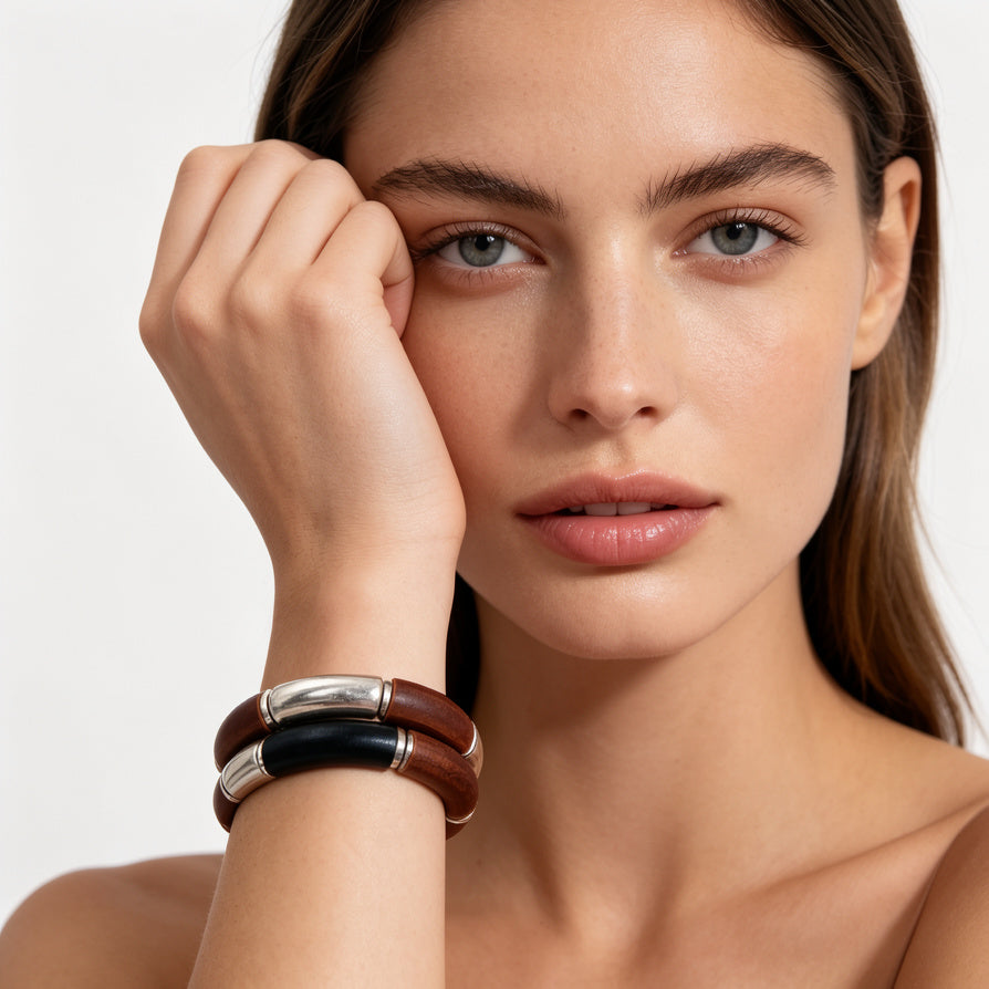 Pulsera elástica de metal y madera para mujer | Joyería de moda al por mayor | Diseño minimalista|JI JOYA