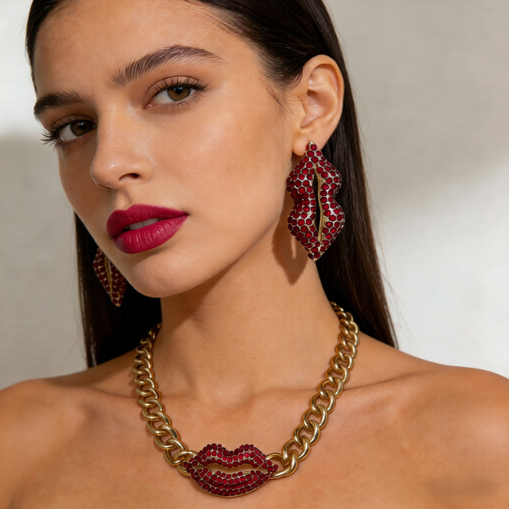 Juego de Joyería Bold Labios Rojos con Cristales - Collar de Cadena y Pendientes Statement