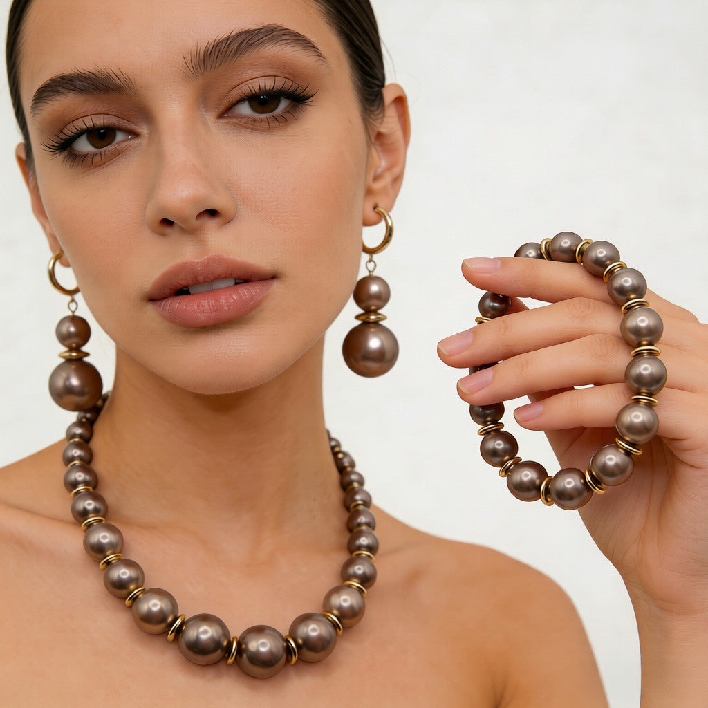 Conjunto de collar y pulsera de perlas gris oscuro mate | Joyería minimalista de lujo con detalles en oro para mujer