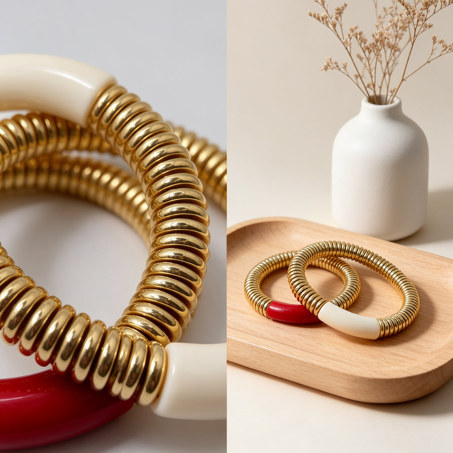 Pulseras de resorte dorado combinadas, 2 colores por set, pulseras de esmalte de lujo al por mayor|JI JOYA