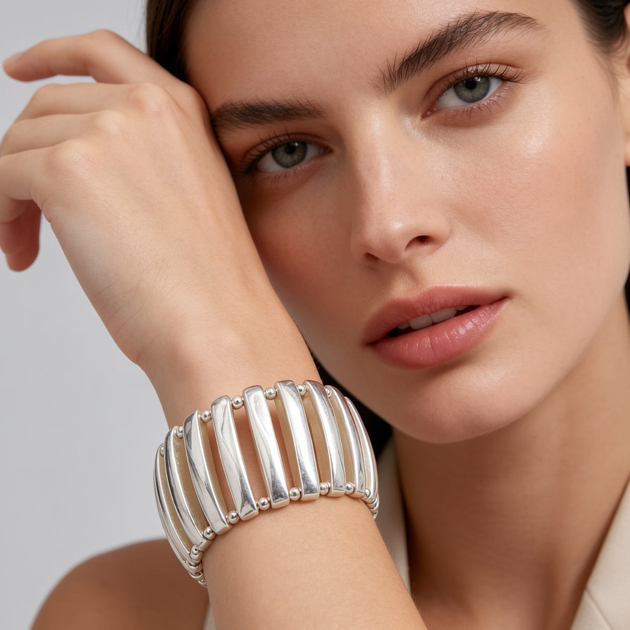 Pulsera Elástica de Barras Curvadas en Aleación de Zinc - Diseño Minimalista, Acabado en Plata y Oro - Bisutería de Moda para Mujeres, Venta al Por Mayor| JI JOYA