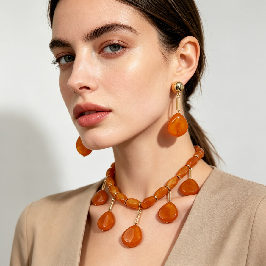 Set de Collar y Pendientes de Piedra Resina Colorida | Joyería de Moda Mayorista | Diseño Elegante para Mujeres|JI JOYA
