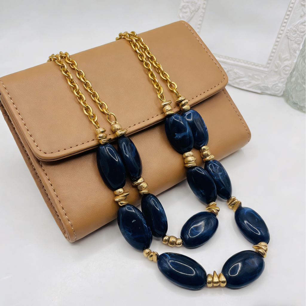 Collar de resina jaspeada azul|marrón ámbar medianoche de doble capa | Joyería llamativa de oro macizo