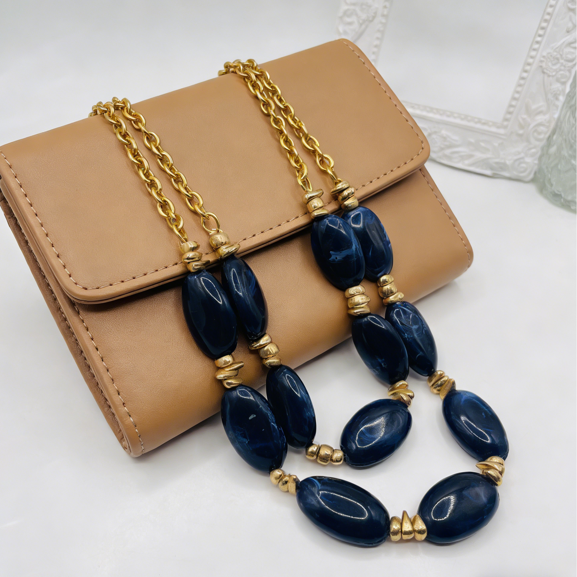 Collar de resina jaspeada azul|marrón ámbar medianoche de doble capa | Joyería llamativa de oro macizo