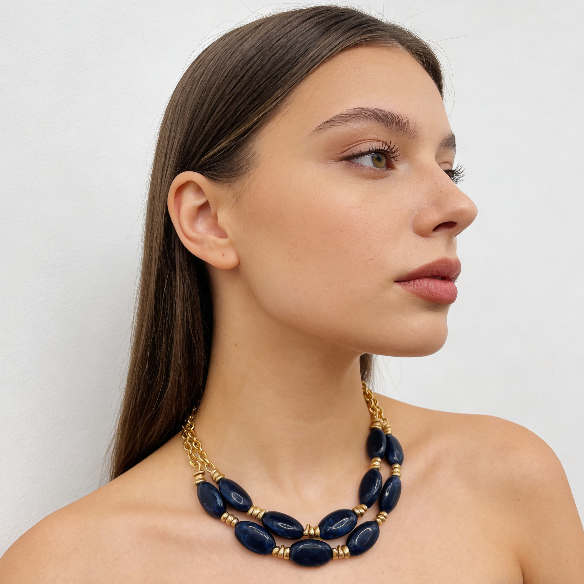 Collar de resina jaspeada azul|marrón ámbar medianoche de doble capa | Joyería llamativa de oro macizo