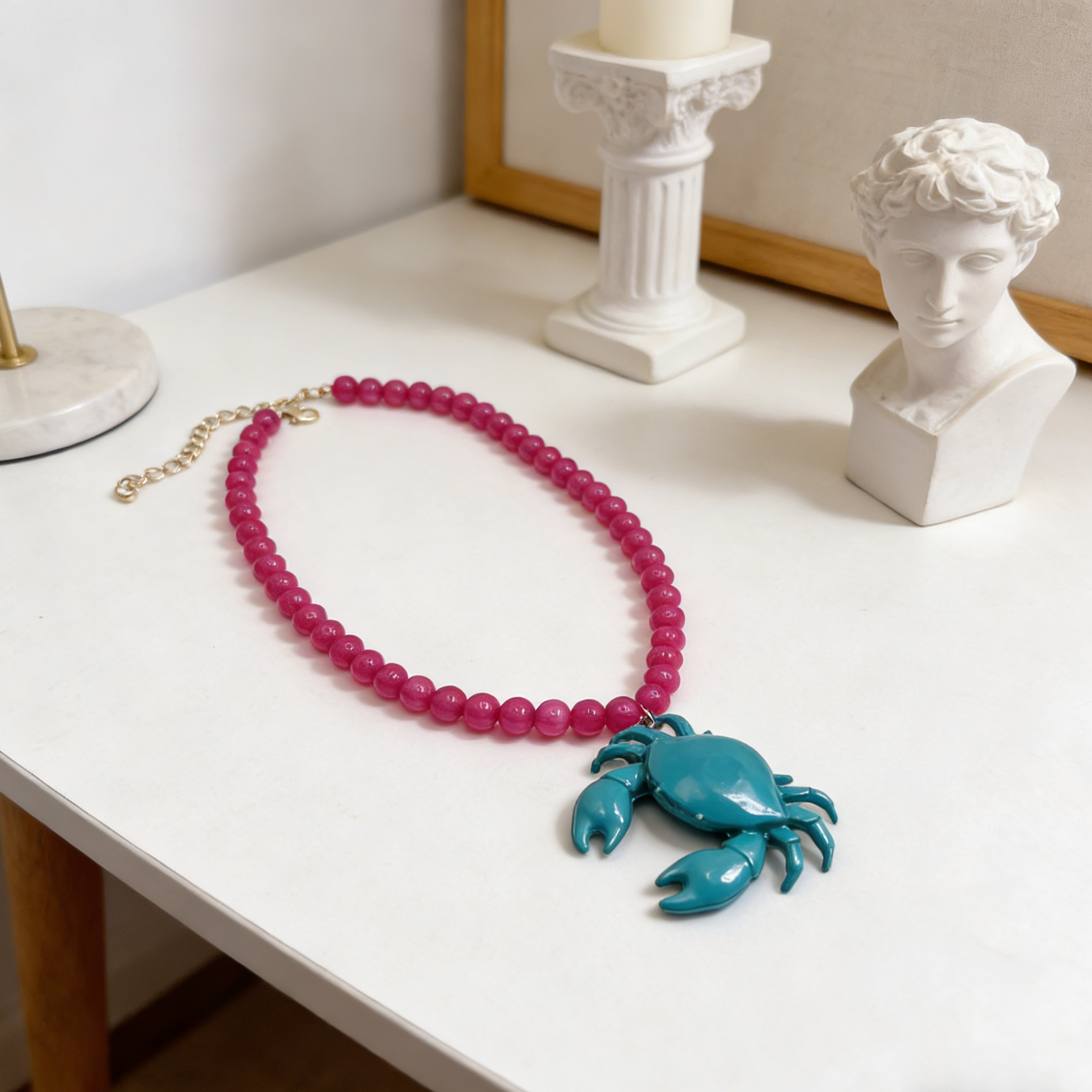 Unique Turquoise Crab and Pink Bead Necklace - Ideal for Vacations