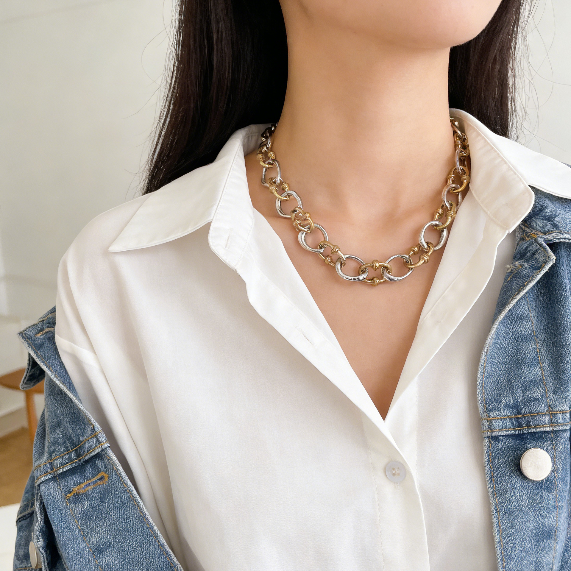 Collar de cadena gruesa bicolor oro y plata - Estilo statement