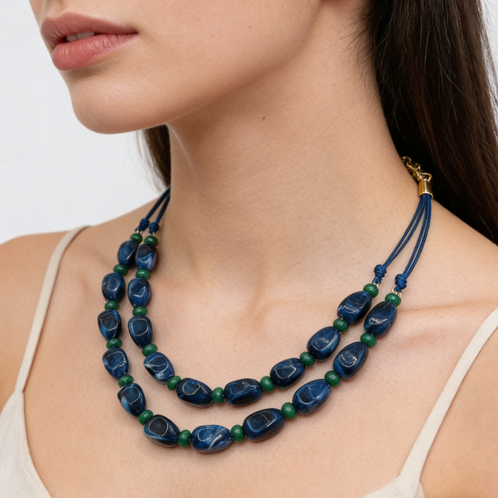 Collar de doble capa con bloques de color azul verdoso retro, diseño único, gargantilla de cuentas hecha a mano, accesorio estilo vacaciones.
