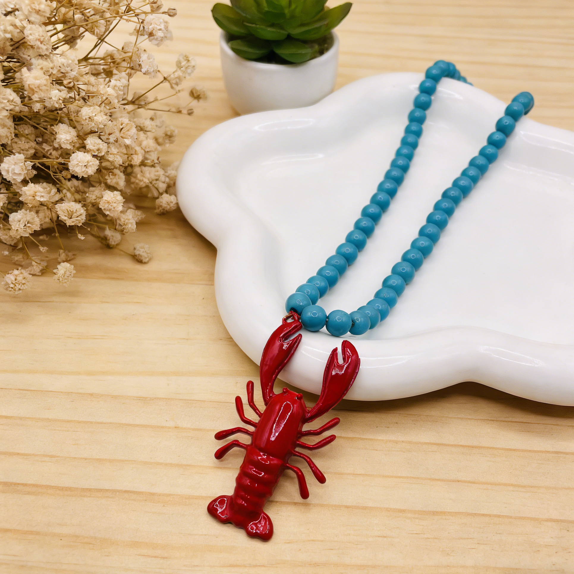 Turquoise Beaded Necklace with Lobster Charm - Unique Summer Accessory