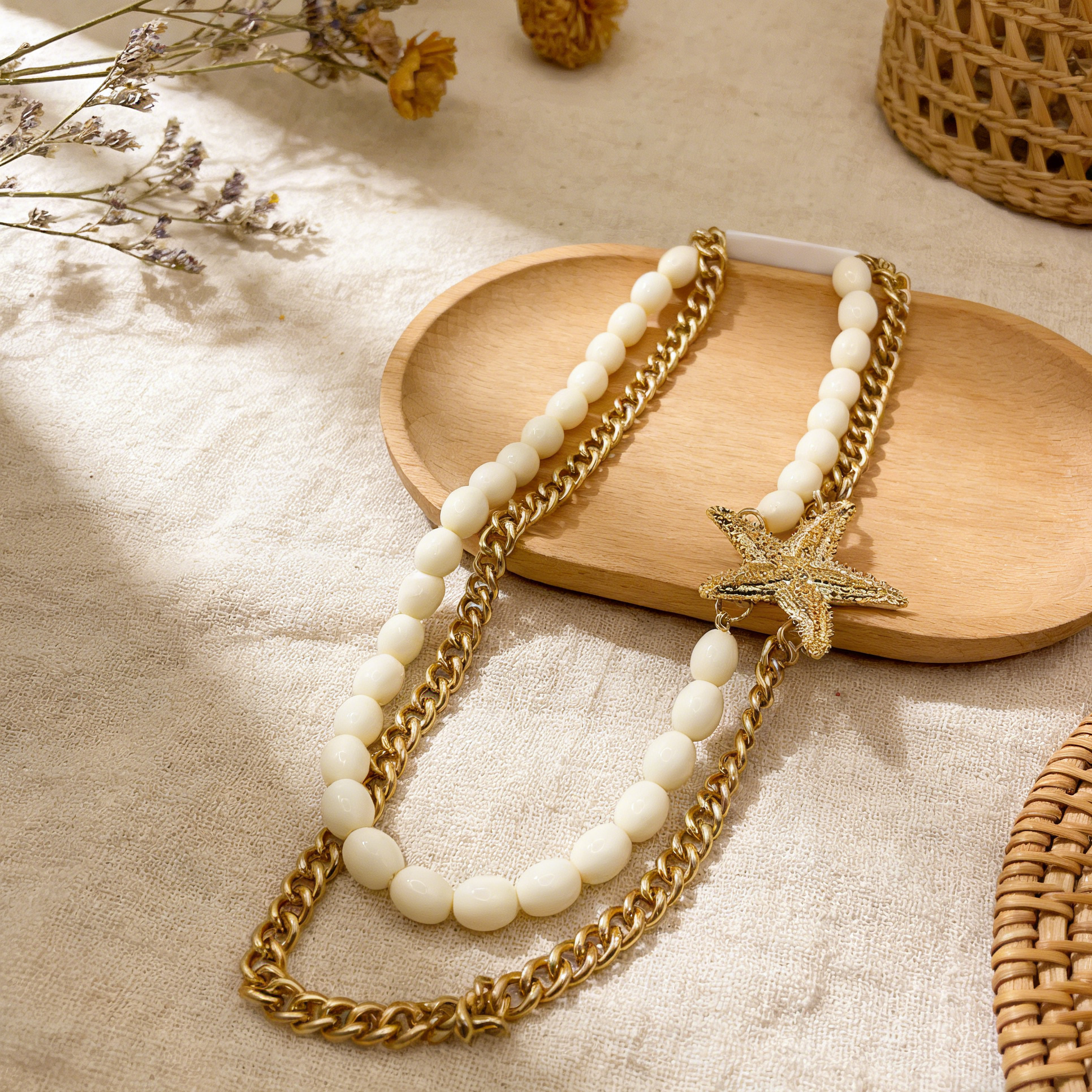 Collar Doble con Estrella de Mar | Turquesa y Plata| Crema y Oro