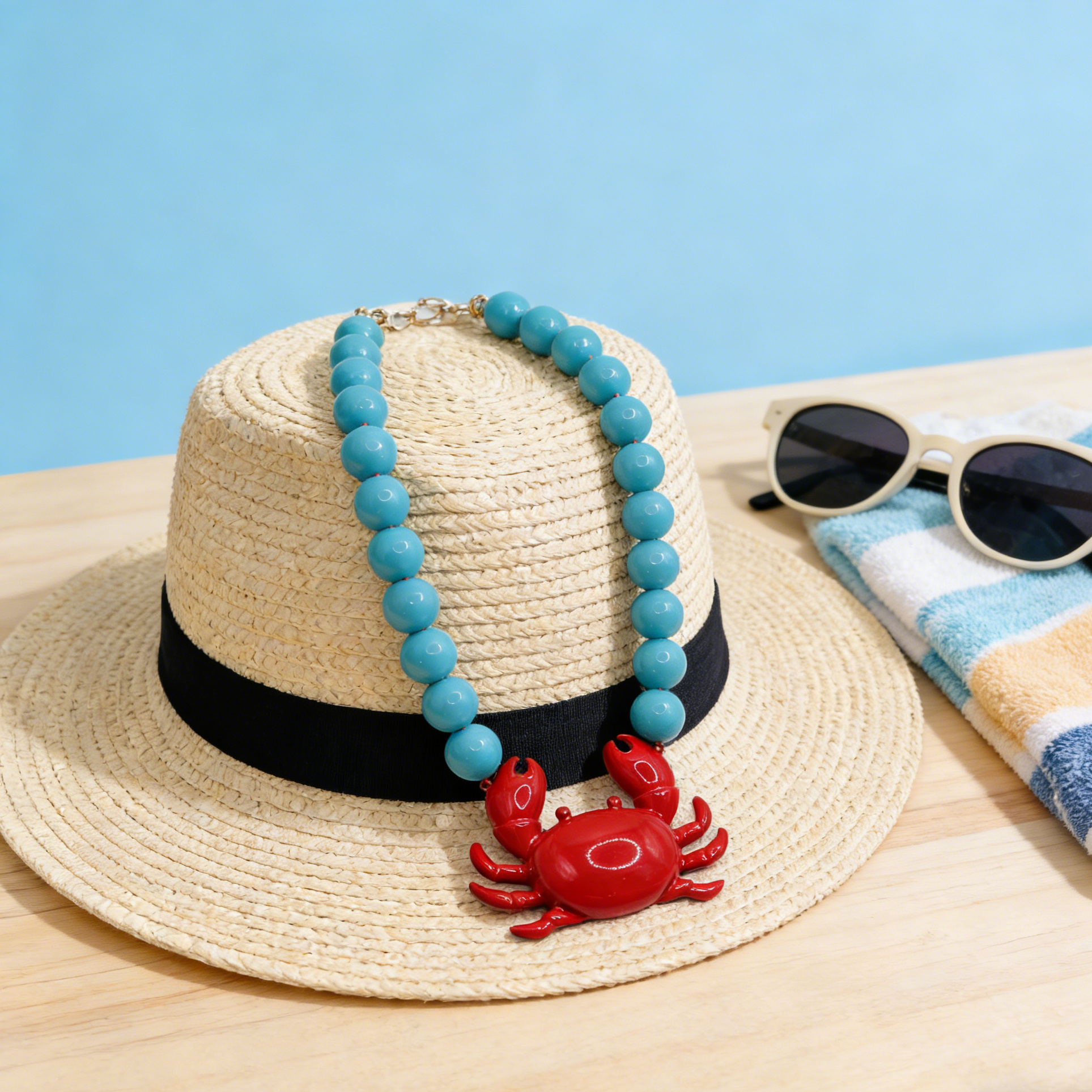 Fashionable Necklace with Red Crab and Colorful Beads - Ideal for Casual Looks