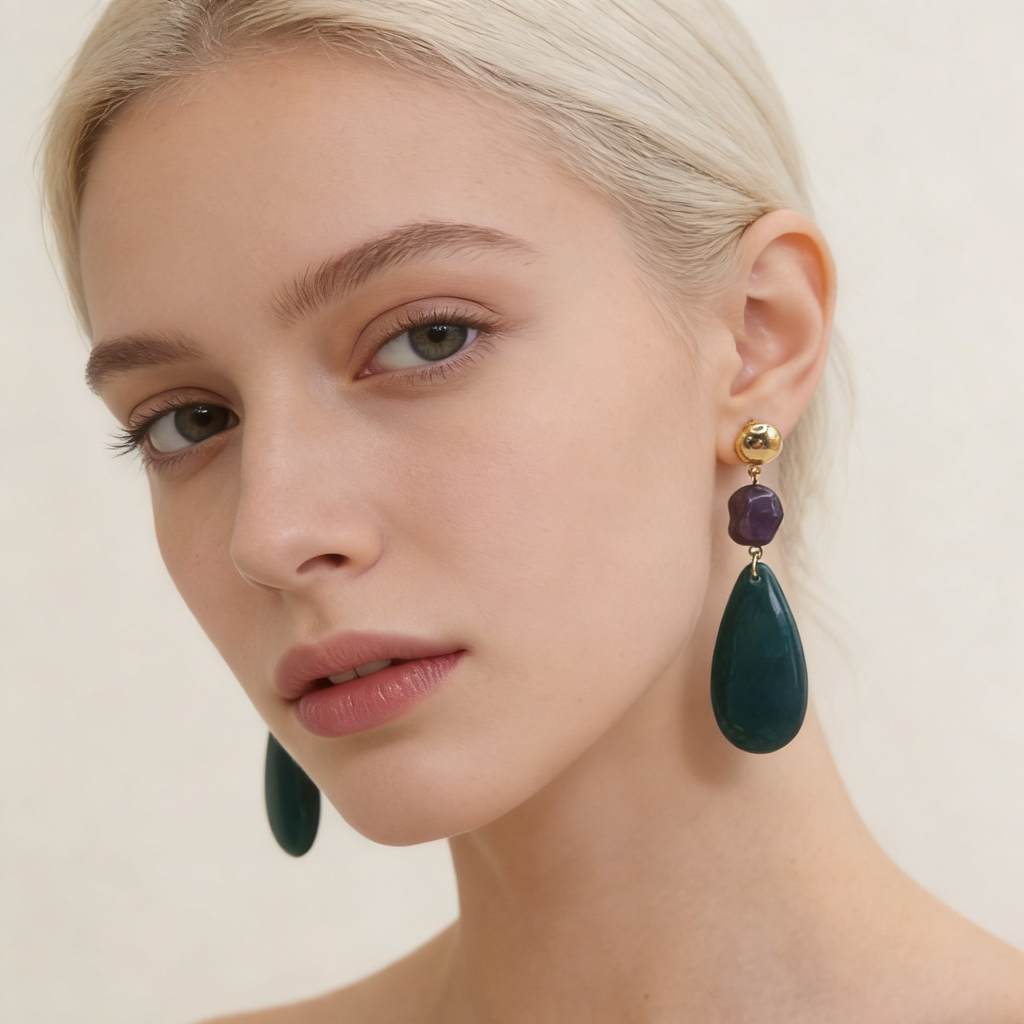 Conjunto de joyas de resina con forma de lágrima de inspiración retro: collar y pendientes llamativos