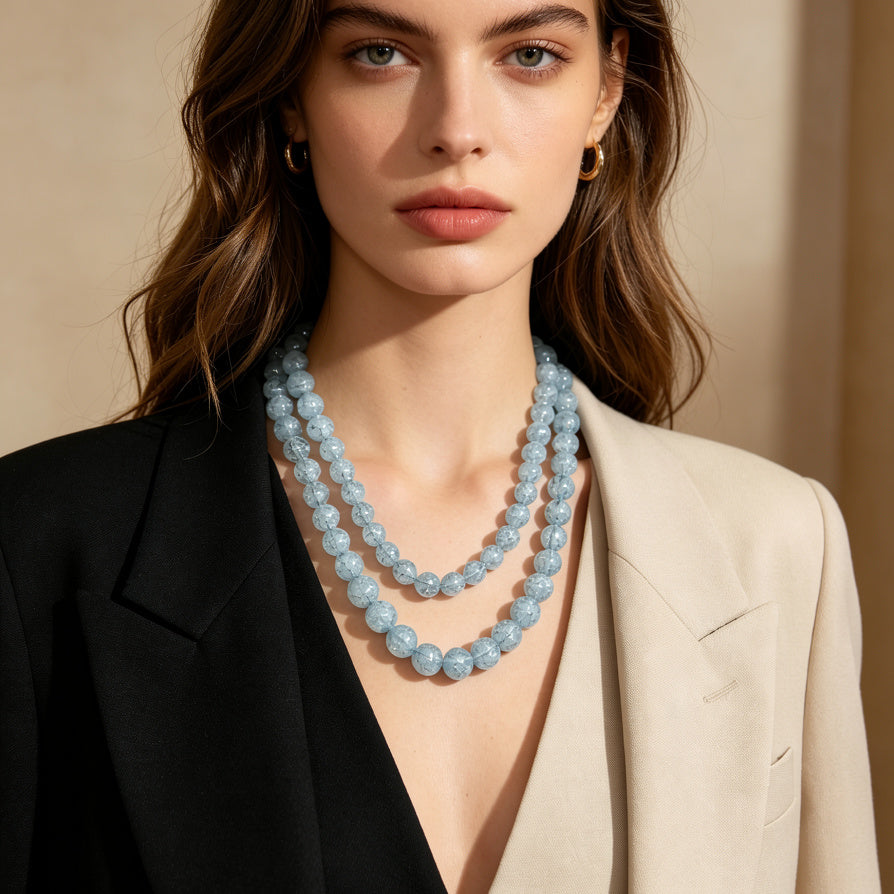 JI JOYA VENTA AL POR MAYOR|Collar Doble Hilera de Bolitas - Diseño Elegante para Mujer | Mayorista Moda 2 Colores Azul & Marrón