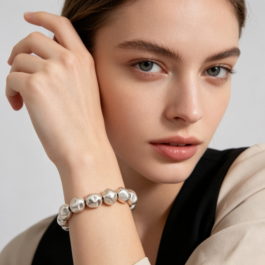 Pulsera de cuentas de plata mate estilo minimalista | Venta al por mayor B2B|JI JOYA
