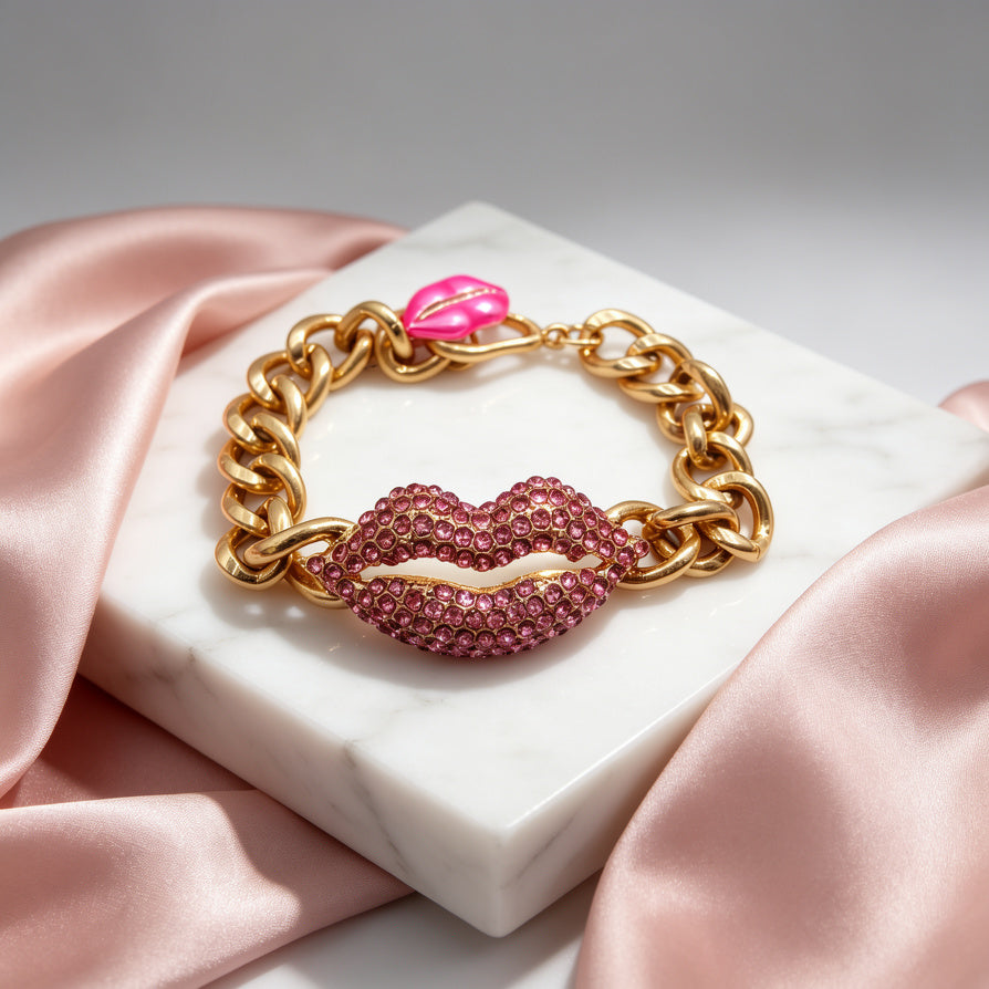 Collar Labios de Cristal Rosa con Cadena de Oro - Colección Glamour