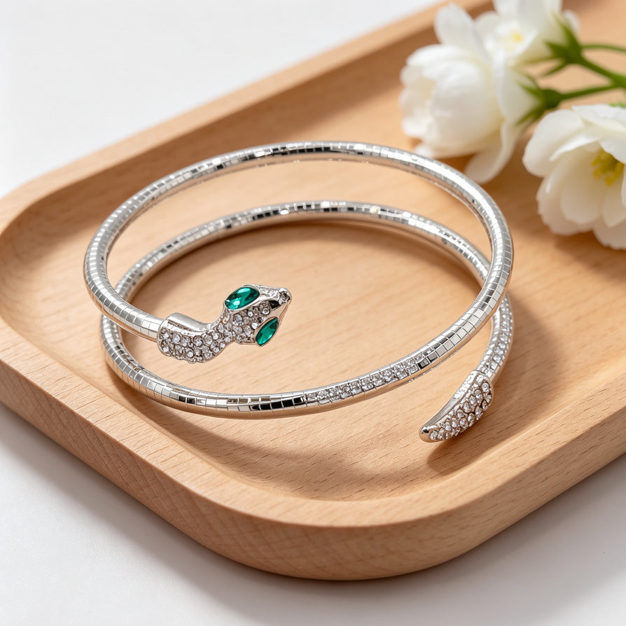 Pulsera Serpiente Chapada en Oro/Plata con Zirconias Verdes | Joyería de Moda al Por Mayor para Mujer|JI JOYA