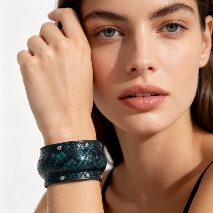 Pulsera de Serpiente con Tachuelas | Diseño de Cuero de Serpiente en 3 Colores | Joyería Mayorista de Moda|JI JOYA