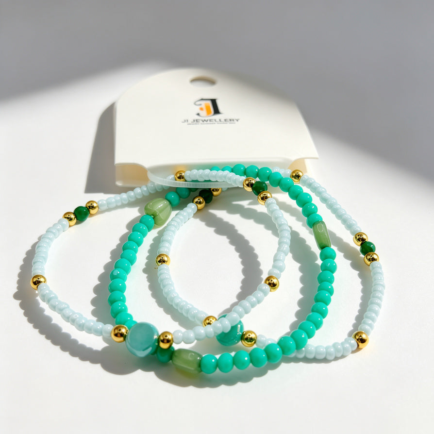 Pulseras de Cuentas Verde Menta Conjunto de 3|Venta al Por Mayor para Tiendas|JI JOYA
